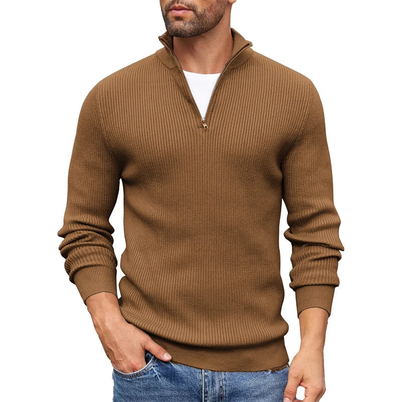 Men's slim fit ribbed knit half-zip sweater in neutral tone, structured pullover with zip collar