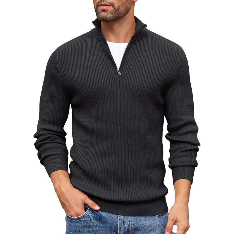 Men's slim fit ribbed knit half-zip sweater in versatile neutral tones with structured vertical rib texture