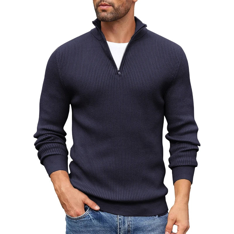 Men's slim fit ribbed knit half-zip sweater in warm neutral tones, versatile urban casual pullover