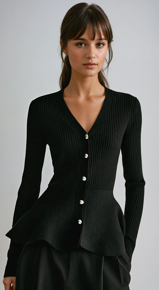 Ribbed Peplum Button Knit Top - Urbann-Vibe