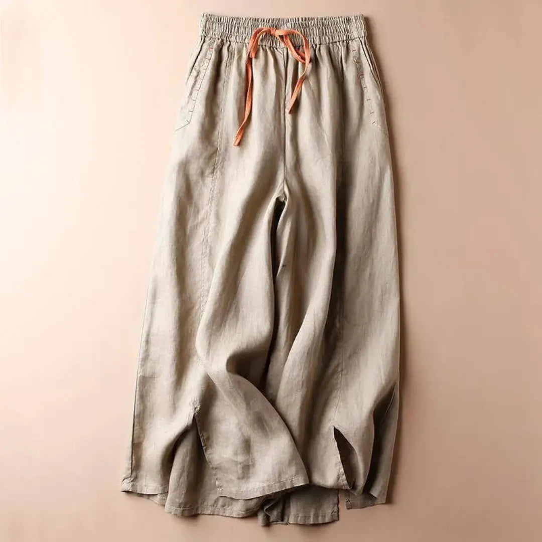 Women's natural linen wide-leg pants with elastic drawstring waist, relaxed breathable summer fit