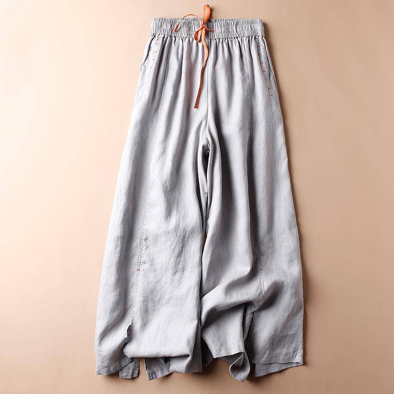 Women's natural linen relaxed-fit pants with handstitched embroidered pocket accents