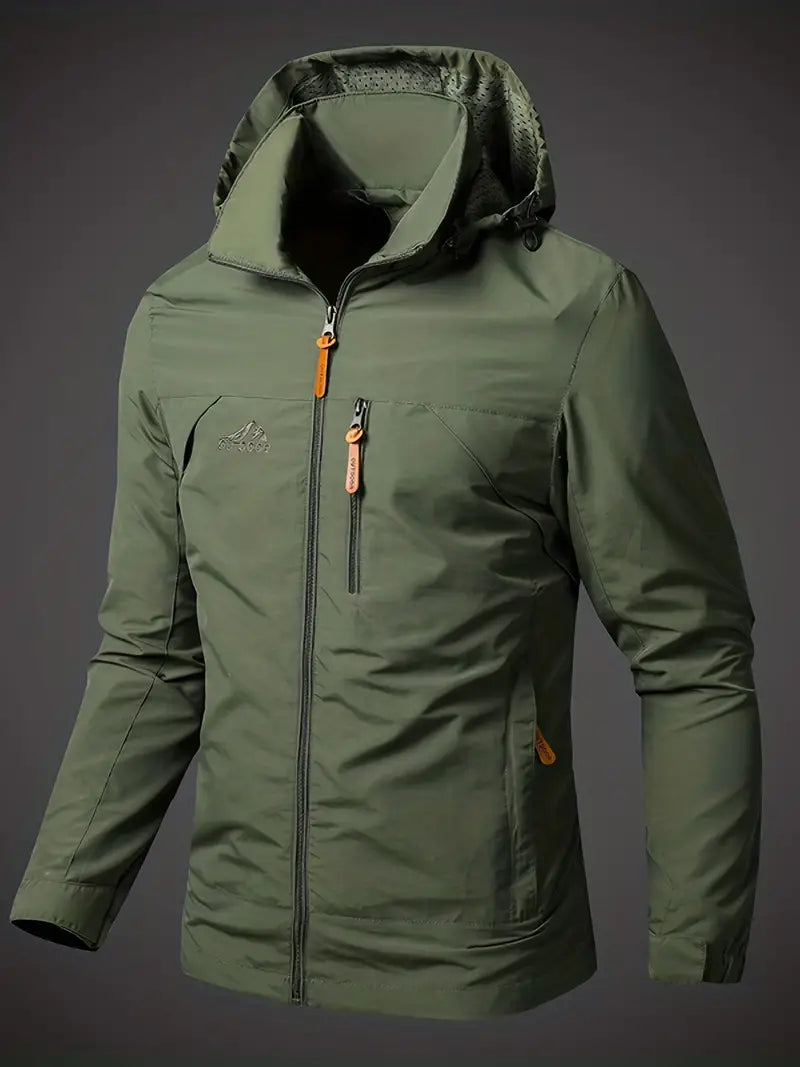 Men's hooded rain jacket windproof weather-resistant slim fit for outdoor commuters in neutral tone