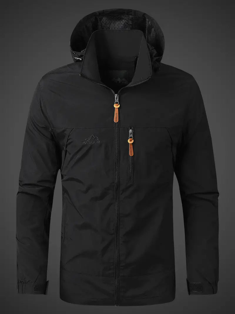 Men's hooded rain jacket windproof weather-resistant lightweight layer for outdoor commuters