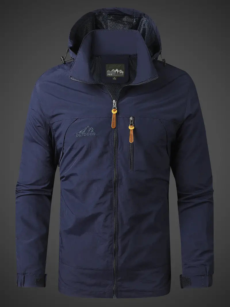 Men's hooded rain jacket windproof weather-resistant lightweight layer for outdoor commuters