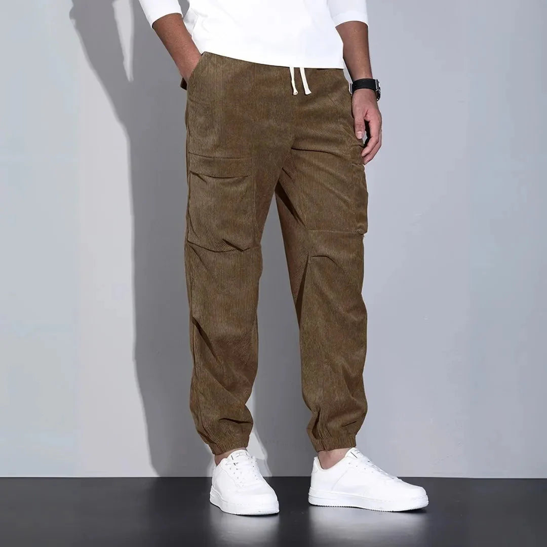 Men's corduroy cargo joggers relaxed fit streetwear with multiple cargo pockets rugged texture