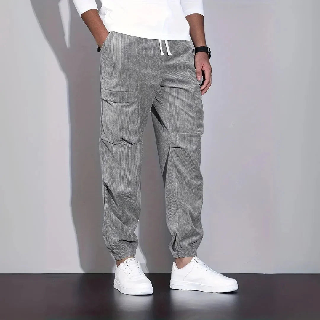 Men's corduroy cargo joggers relaxed fit streetwear with multiple cargo pockets rugged texture