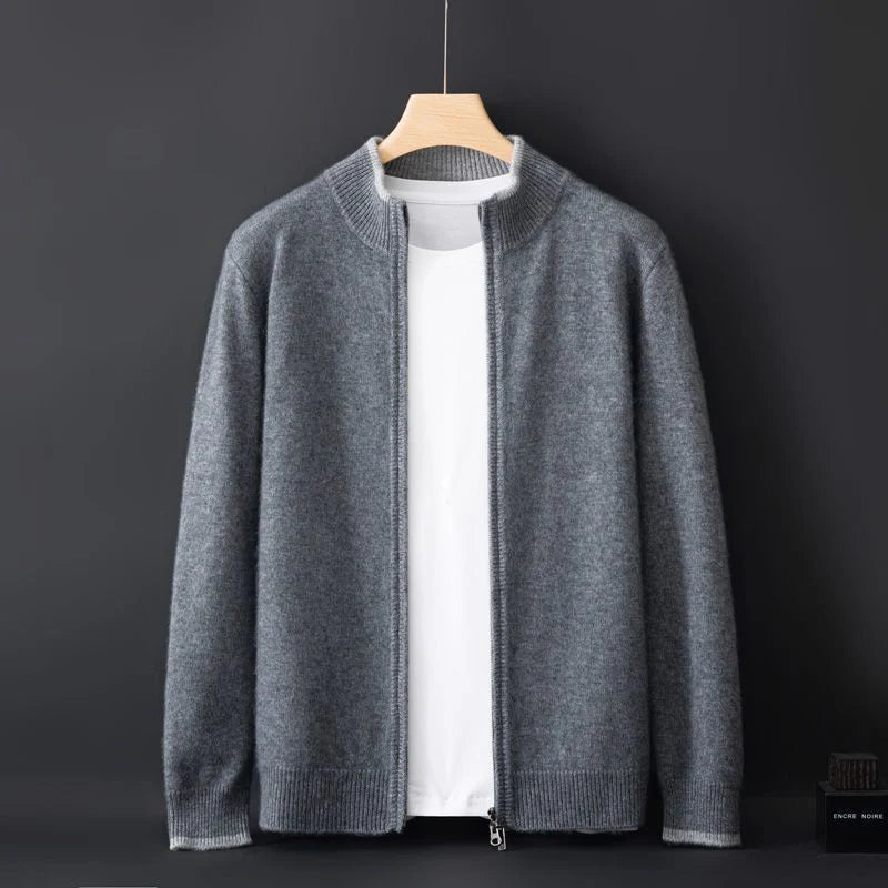 Riku cashmere zip jacket soft blend contrast trim ribbed cuffs modern professional style