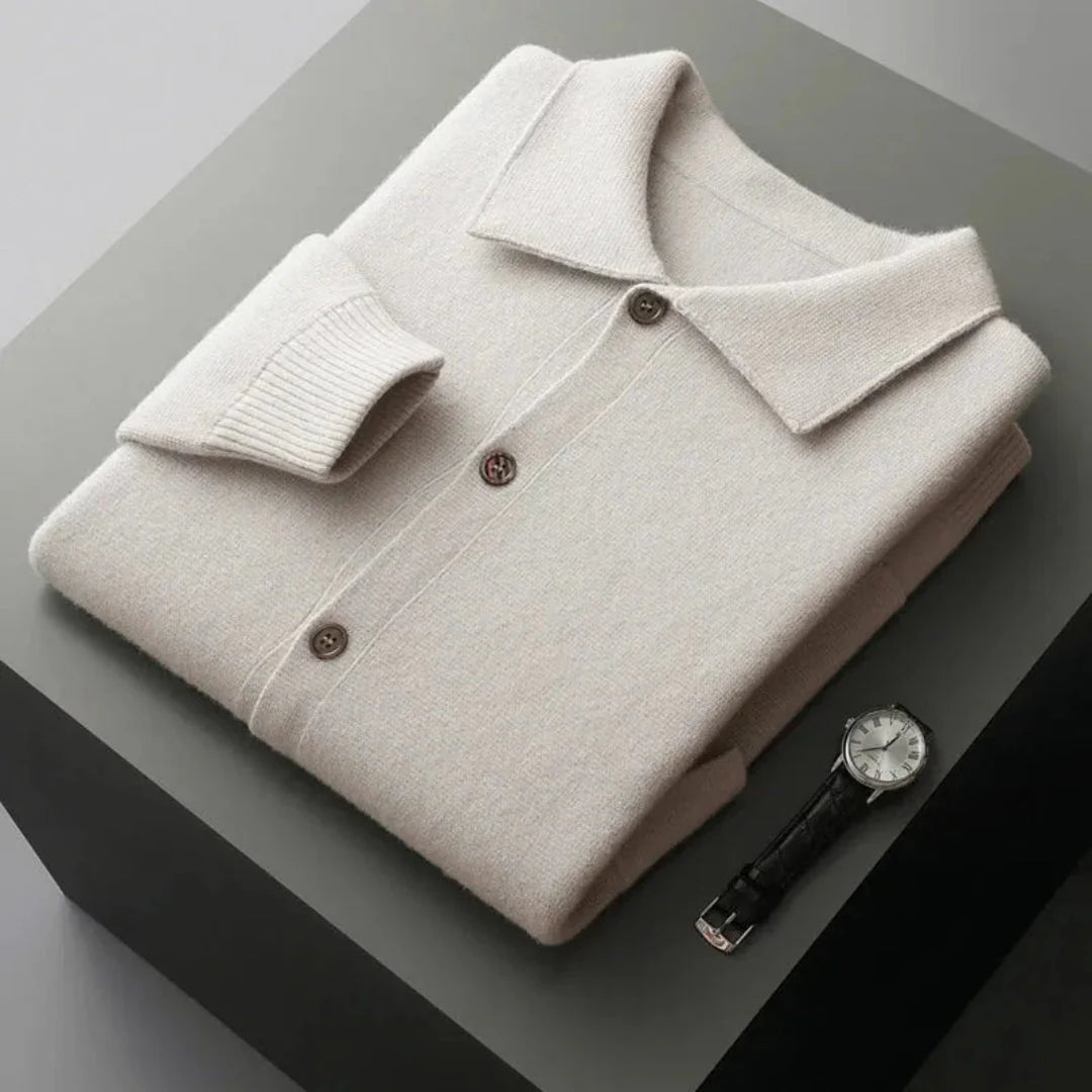 Riley wool button-up cardigan in neutral tone, relaxed smart-casual fit with breathable knit texture