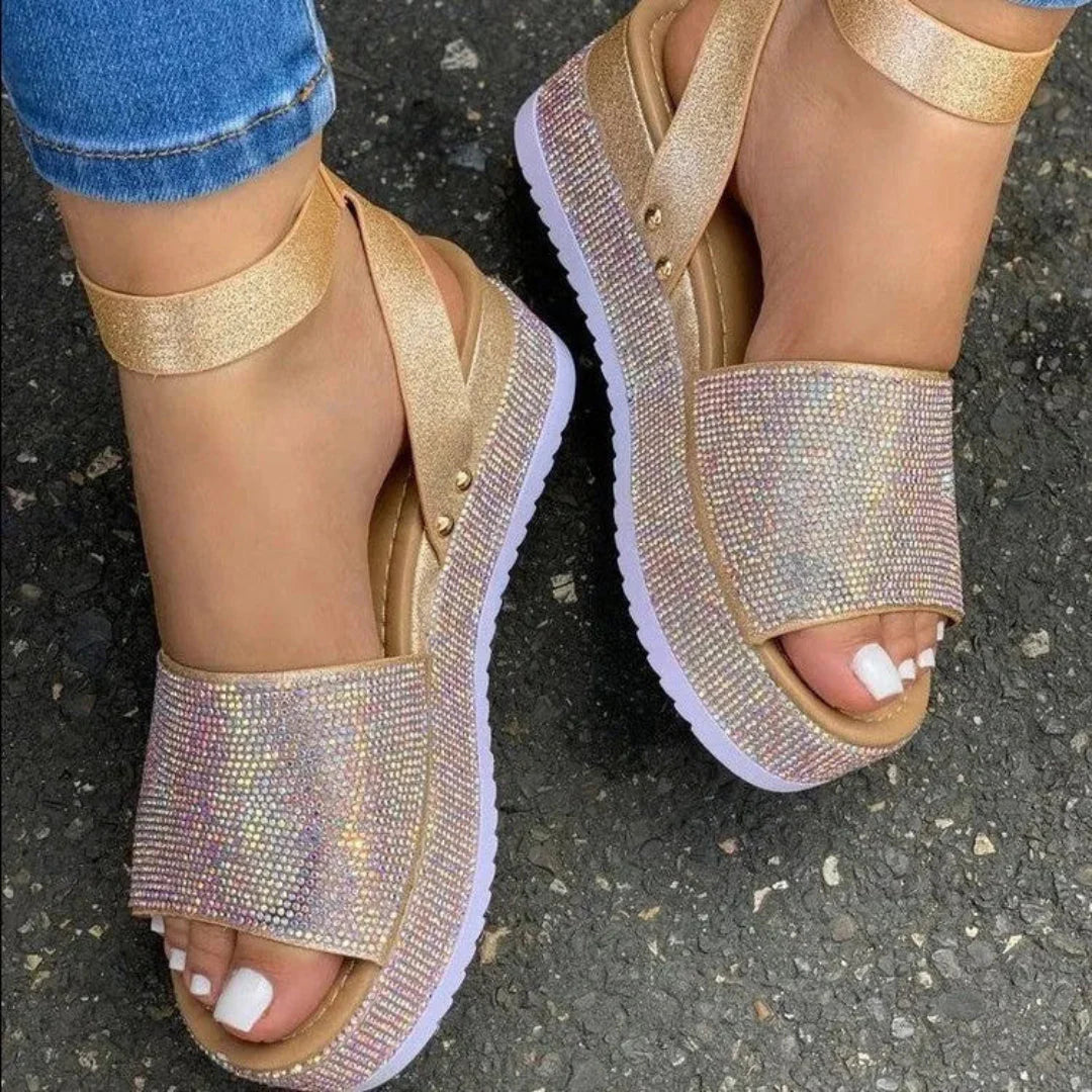 Riley rhinestone chunky platform sandals with cushioned sole and dazzling studded upper for women