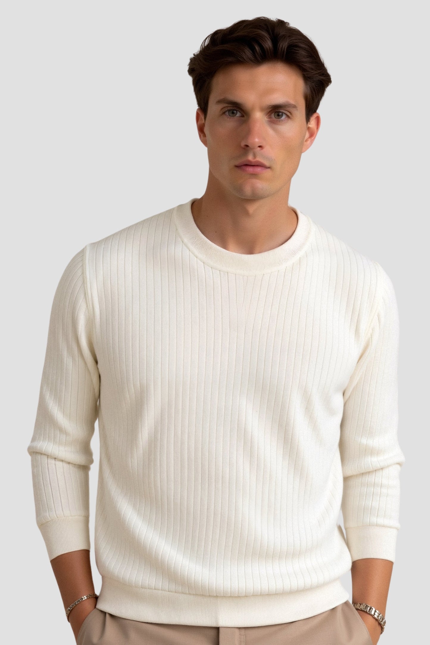Ribbed knit men's crew neck cotton pullover, regular fit long sleeve sweater in classic neutral tone