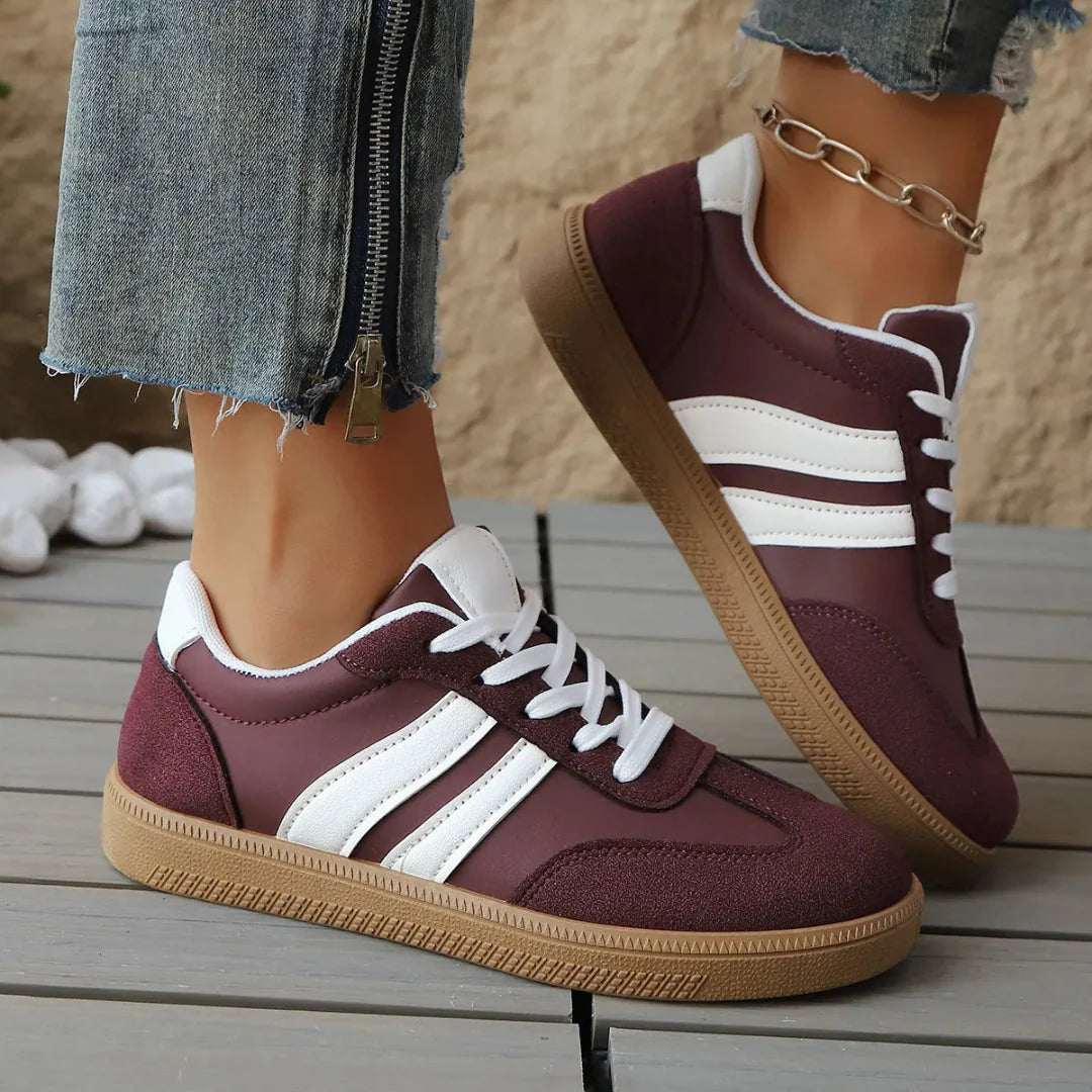 Retro stripe suede low-top sneakers in neutral tones with cushioned insole and vintage-inspired design