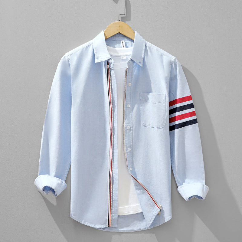 White linen blend men's shirt tailored fit with bold tri-color contrast stripes on sleeves