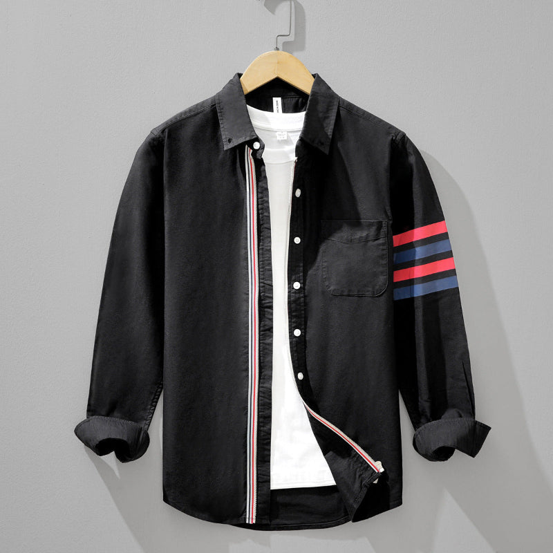 White linen blend men's tailored shirt with bold tri-color contrast stripes on sleeves
