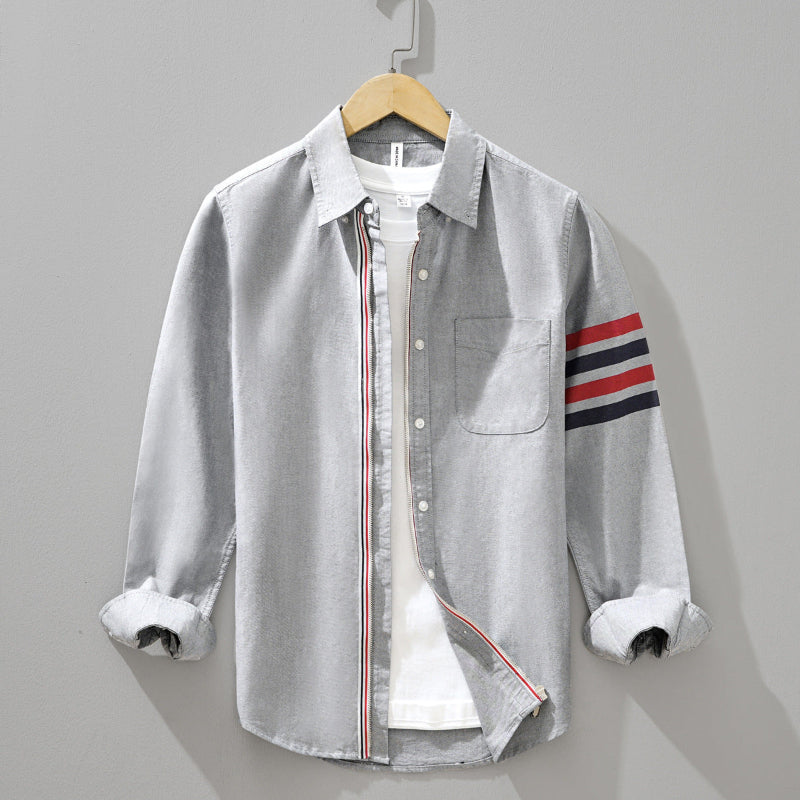 White linen blend men's tailored shirt with bold tri-color contrast stripes on sleeves