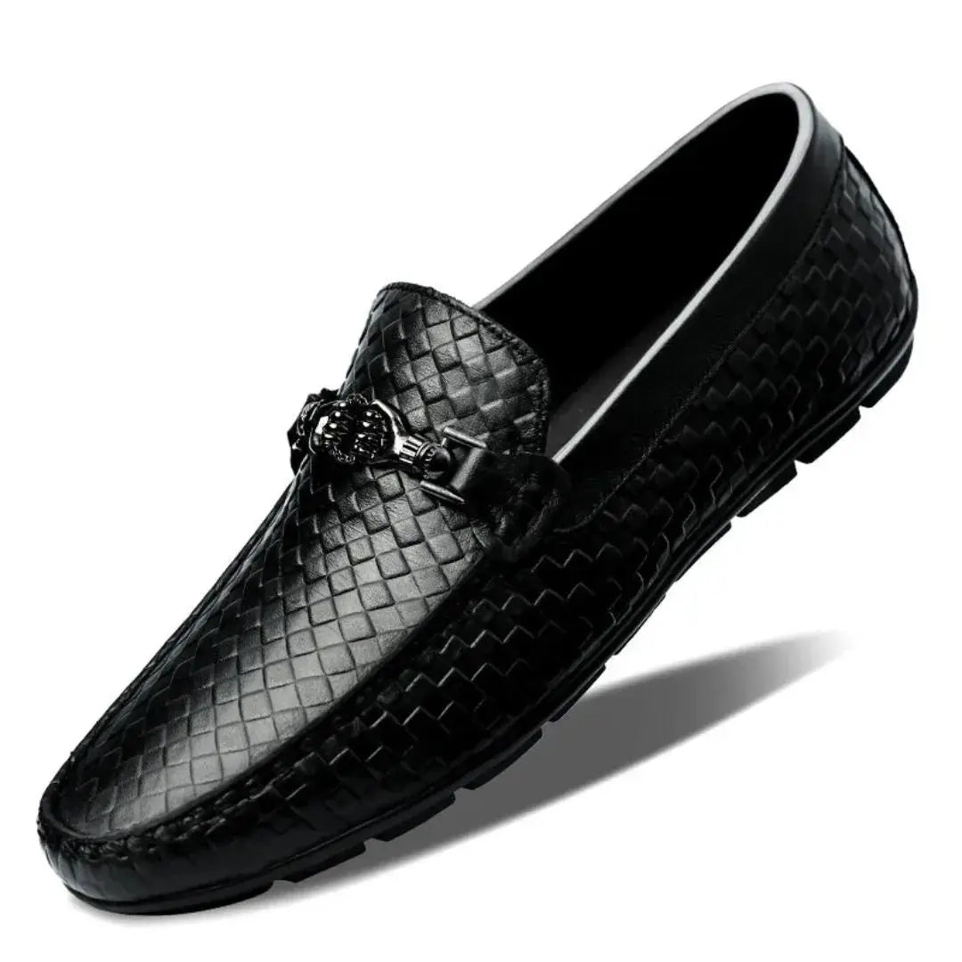 Polished cow leather loafers with embossed texture, metallic accents, and anti-slip outsole for a regal look