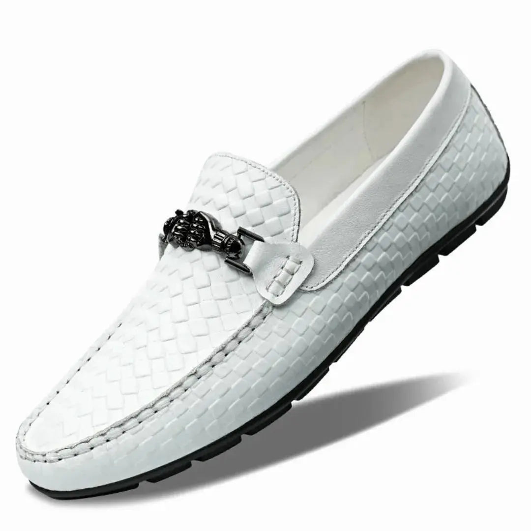 Polished cow leather loafers with embossed texture, metallic accents, and anti-slip outsole for regal style