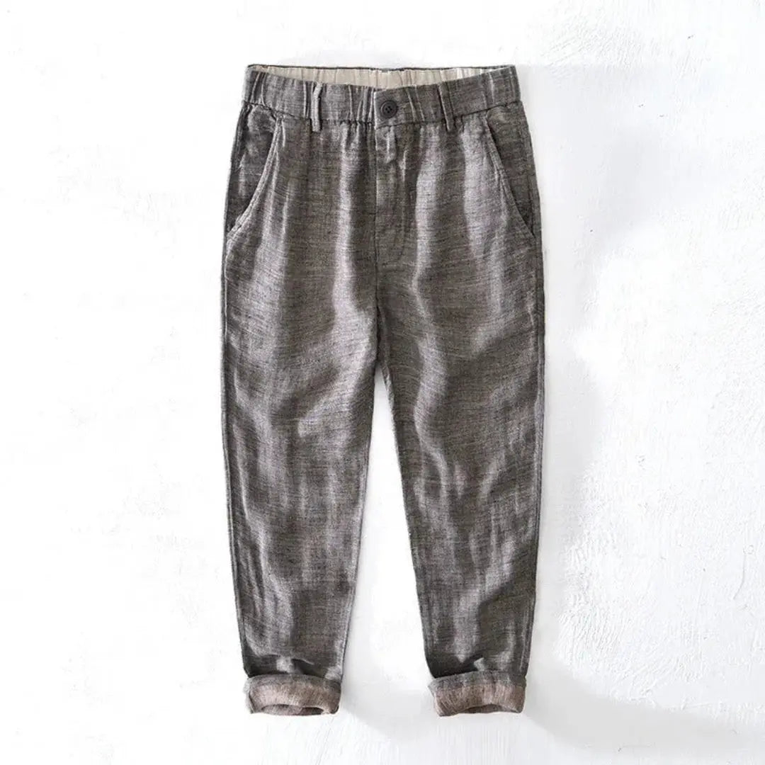 Kids beige linen tapered trousers with elastic waistband, lightweight breathable casual fit