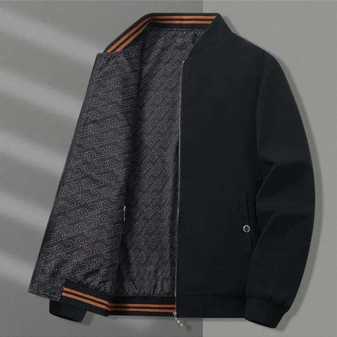 Reversible jacket two-tone solid patterned stand collar zip pockets unisex versatile everyday essential
