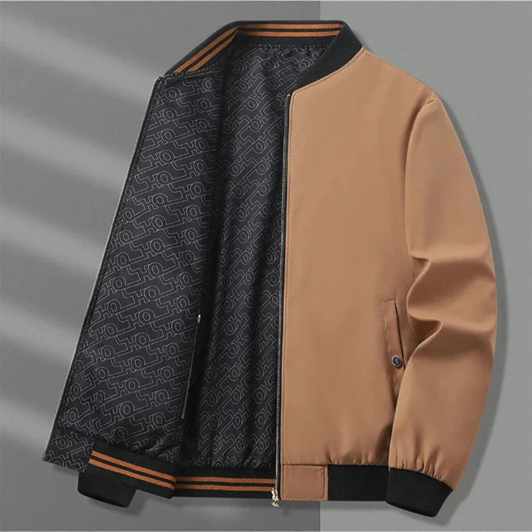 Reversible jacket two-in-one solid and bold patterned stand collar zippered pockets unisex everyday