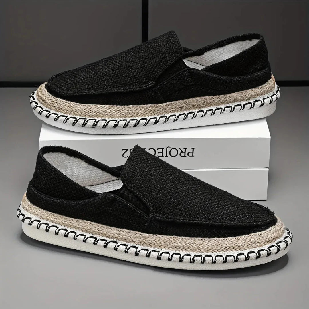 Unisex beige woven canvas slip-on loafers with breathable upper, lightweight design for beach and casual wear