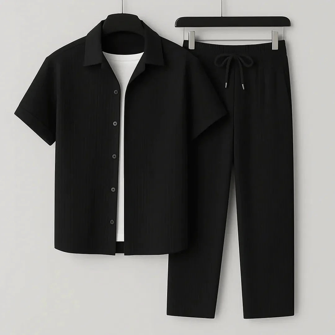 Women's crinkle cotton matching shirt and pants set lightweight relaxed-fit summer travel outfit