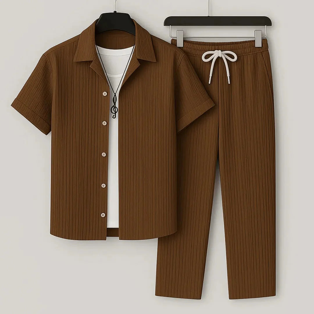 Women's crinkle cotton matching shirt and pants set lightweight relaxed-fit summer travel outfit