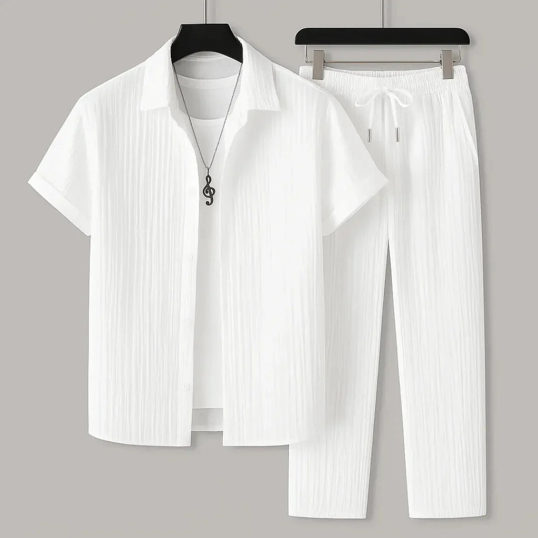 Women's crinkle cotton matching shirt and pants set lightweight relaxed-fit summer travel outfit