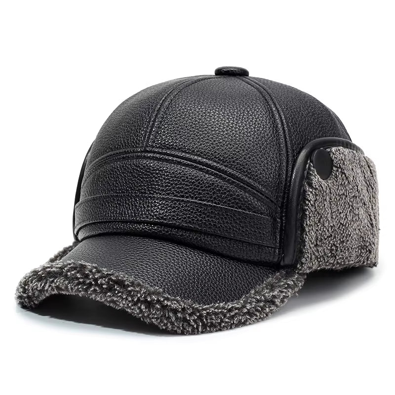 Brown vegan leather aviator cap with plush faux shearling lining and earflaps for cold weather