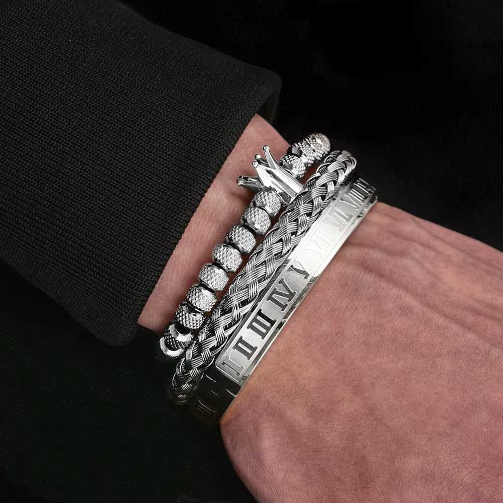 Unisex 3-piece stacked bracelet set with Roman numeral cuff, braided leather band, and beaded macrame