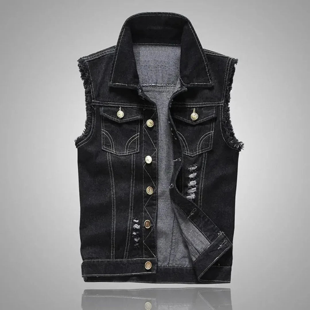 Distressed denim vest raw edge frayed armholes 100% cotton vintage streetwear unisex sleeveless