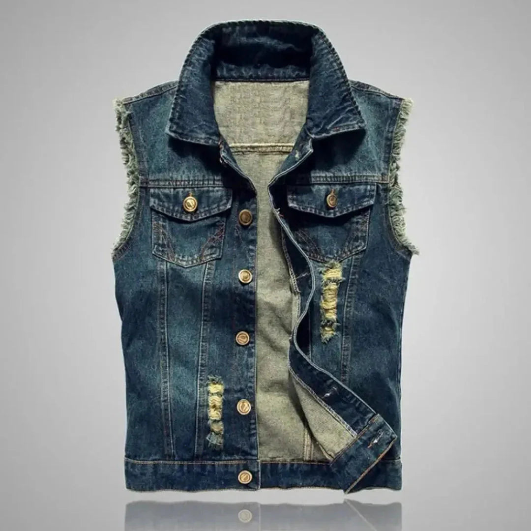Distressed denim vest 100% cotton raw edge frayed armholes vintage streetwear unisex sleeveless layer