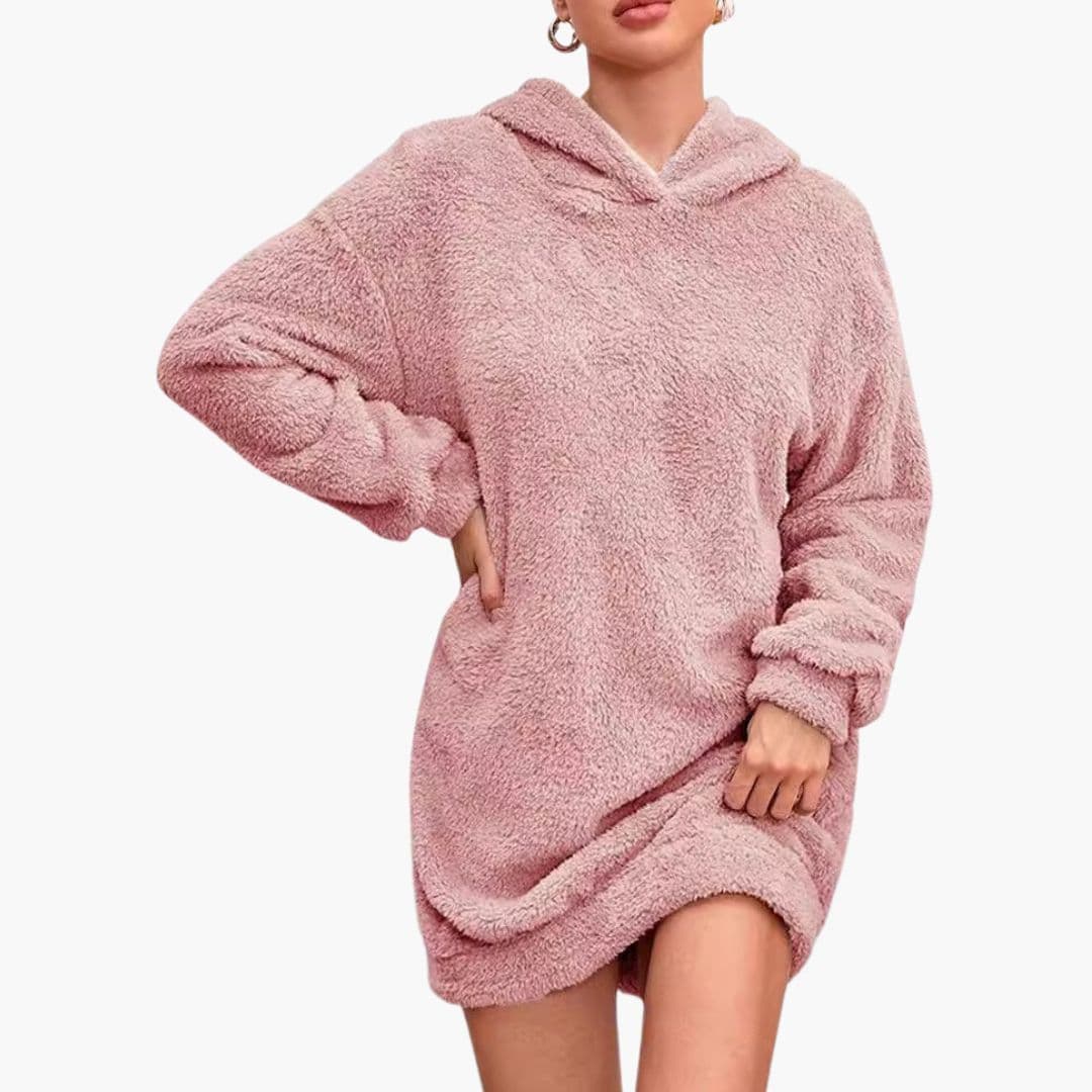 Women's hooded sweat dress cozy fleece knit mid-thigh length with side pockets in neutral tone