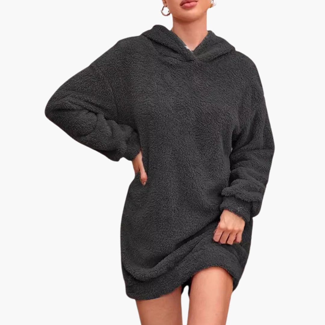 Women's hooded sweat dress cozy fleece knit mid-thigh length with side pockets streamlined silhouette