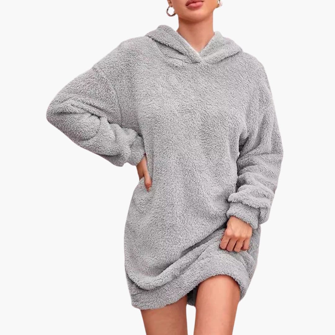 Women's hooded sweat dress cozy fleece knit mid-thigh length with side pockets in neutral tone