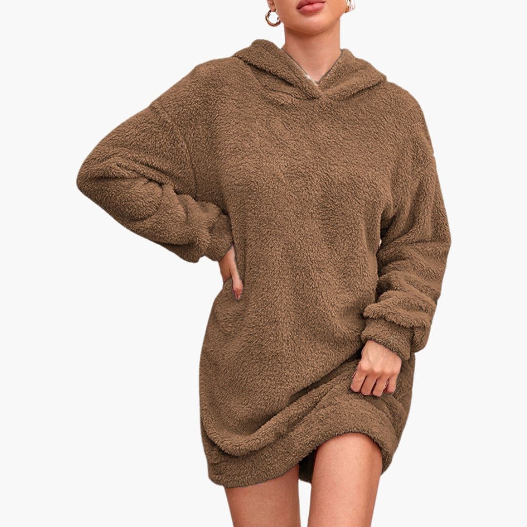 Women's hooded sweat dress cozy fleece knit mid-thigh length with side pockets in neutral tone