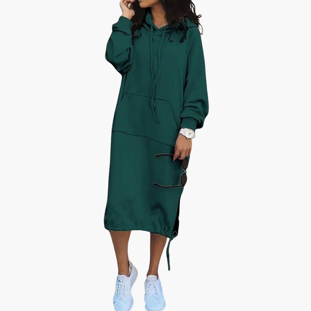Women's long hoodie dress loose fit adjustable drawstring hood kangaroo pocket casual cozy daywear