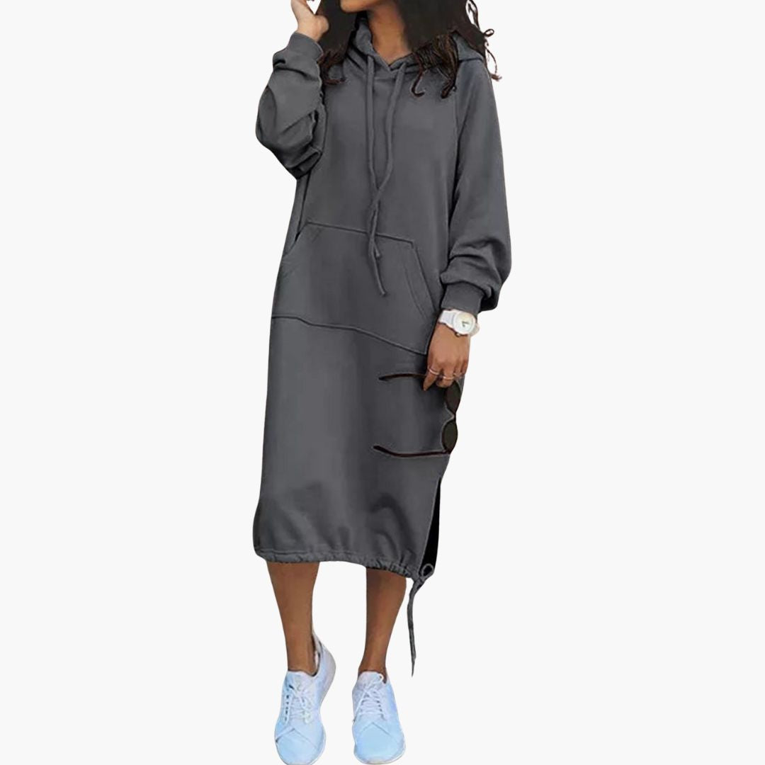 Women's long hoodie dress loose fit adjustable drawstring hood kangaroo pocket casual daywear