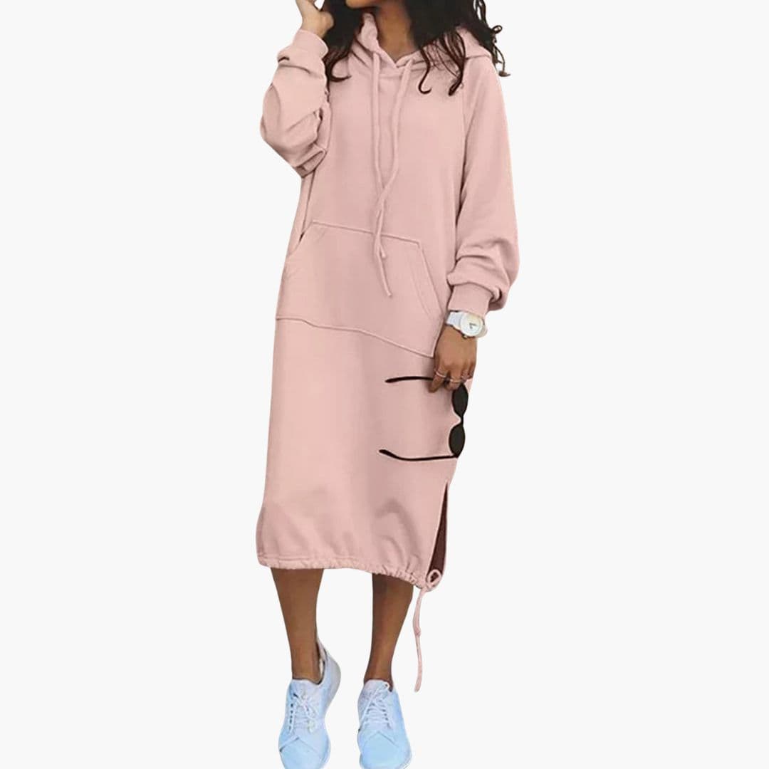 Women's long hoodie dress loose fit adjustable drawstring hood kangaroo pocket casual daywear