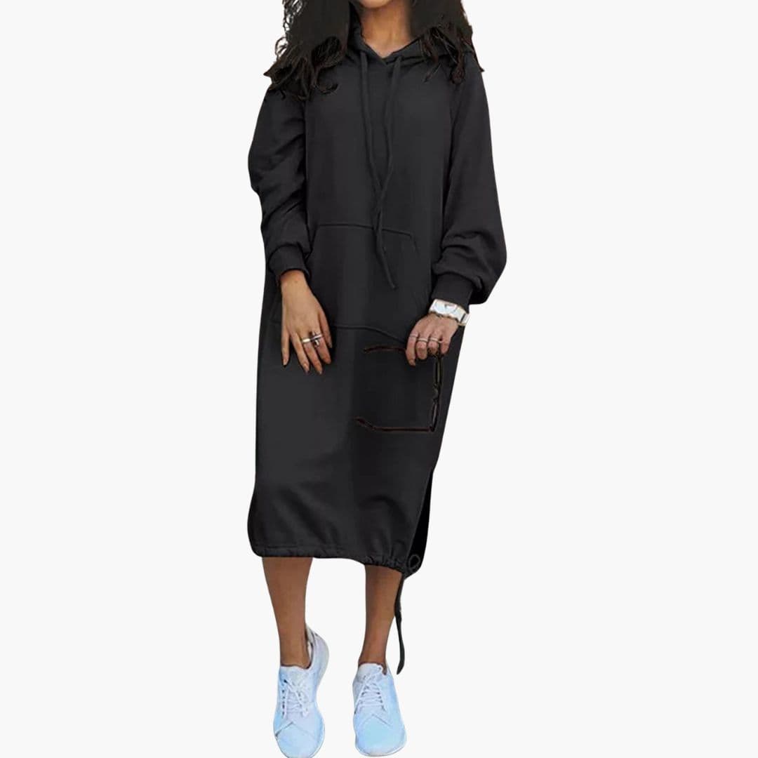 Women's long hoodie dress loose fit adjustable drawstring hood kangaroo pocket casual daywear