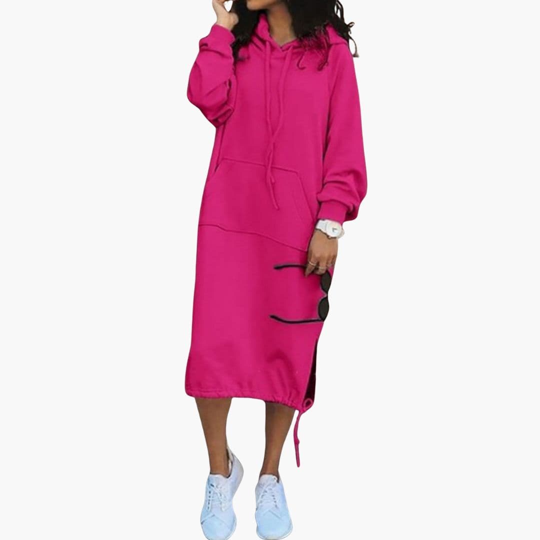 Women's long hoodie dress loose fit adjustable drawstring hood kangaroo pocket casual daywear