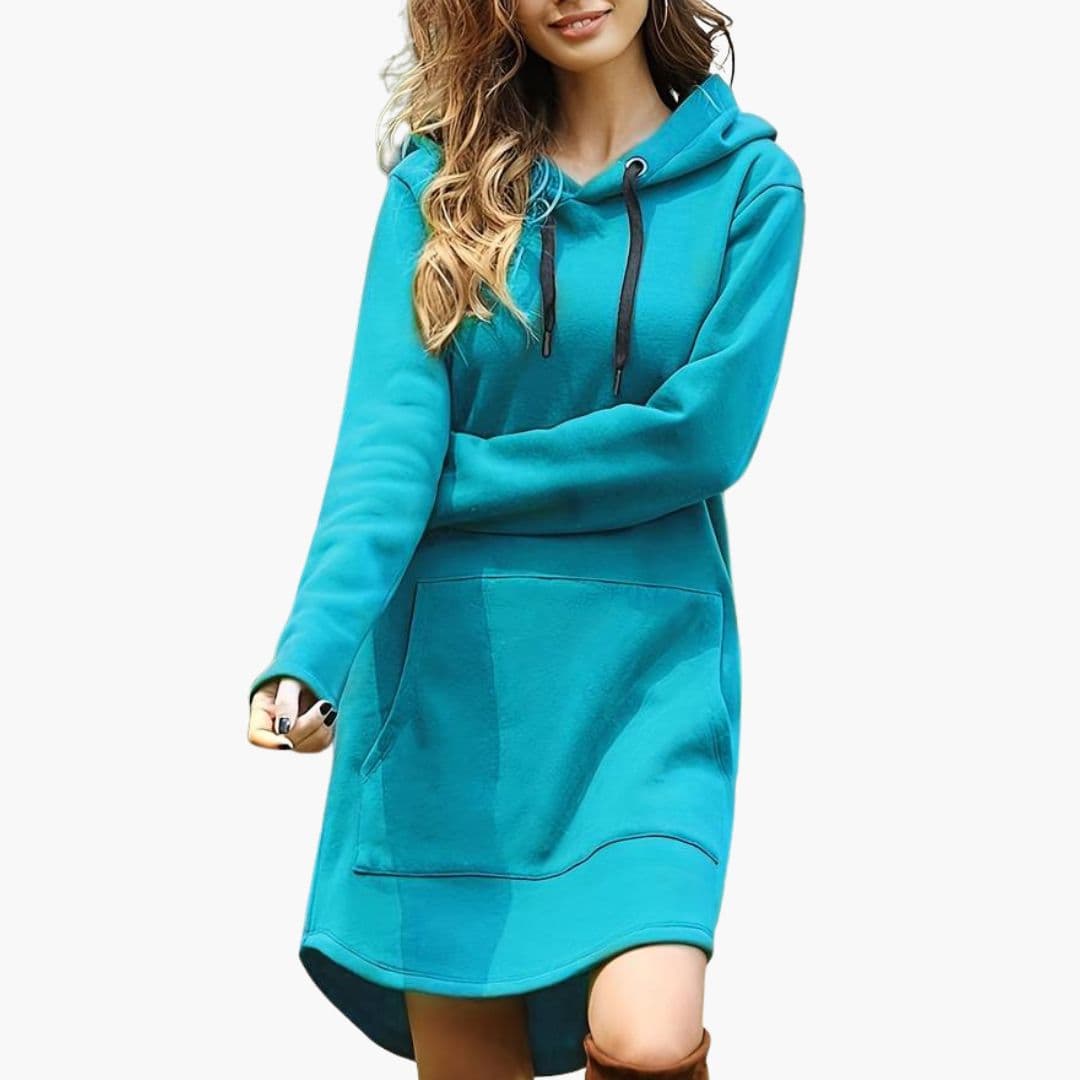 Women's hoodie dress with drawstring hood kangaroo pocket relaxed casual everyday comfort style