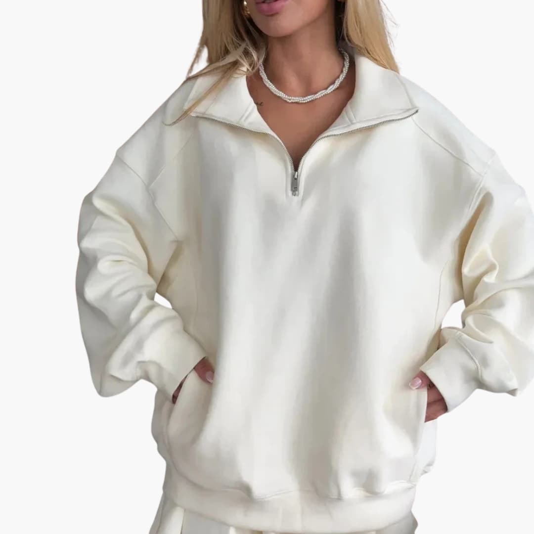 Women's long sleeve half-zip dress with pleated hem, shirt collar, office-ready elegant silhouette