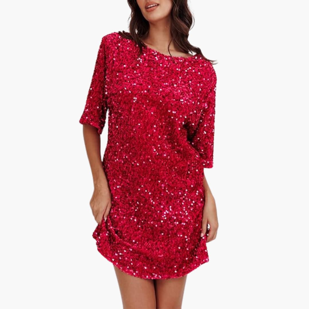 Women's allover sequin party dress with round neckline, flared sleeves, and fitted waist silhouette