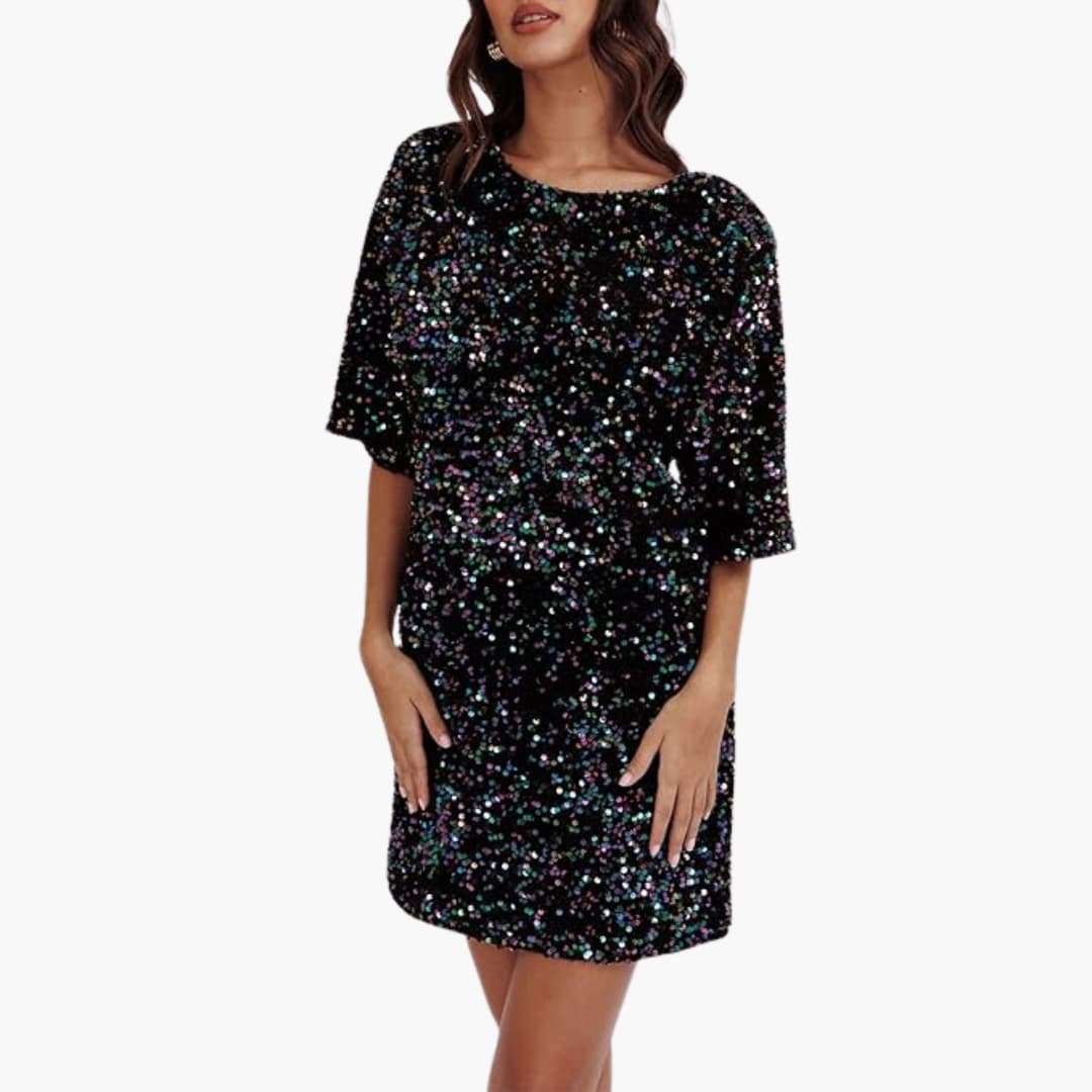 Women's silver allover sequin dress with round neckline, flared sleeves, and fitted waist for parties