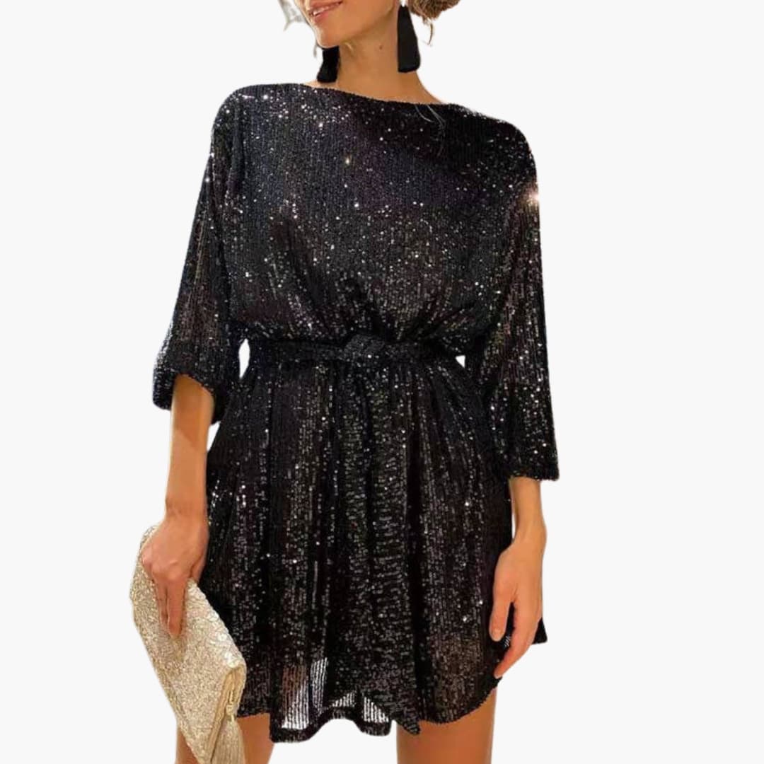 Women's black cocktail dress structured silhouette adjustable waist belt rhinestone details party