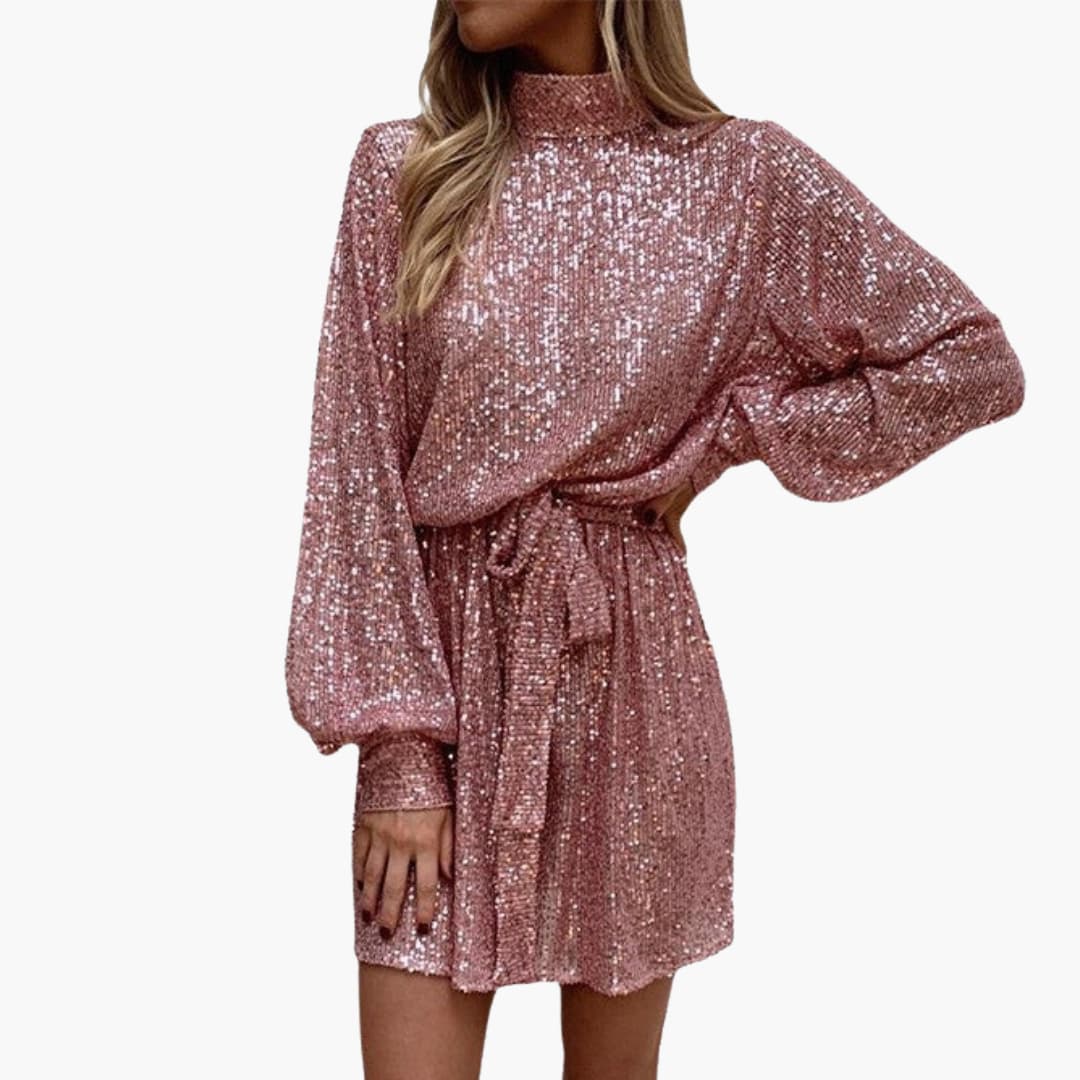 Women's silver sequin short dress stand-up collar long sleeves removable belt glam party