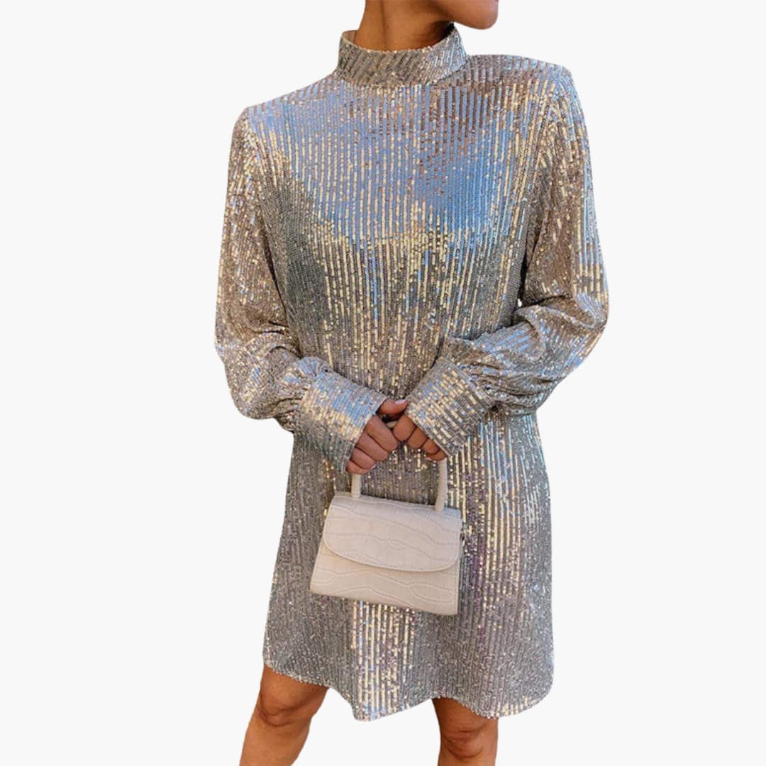 Women's silver sequin short dress stand-up collar long sleeves removable belt glam party