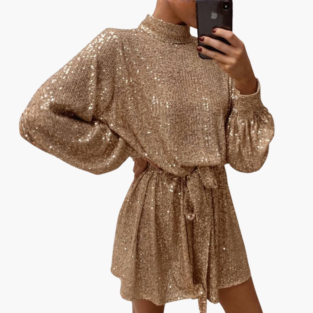 Women's silver sequin short dress with stand-up collar, long sleeves, and removable belt for glam parties