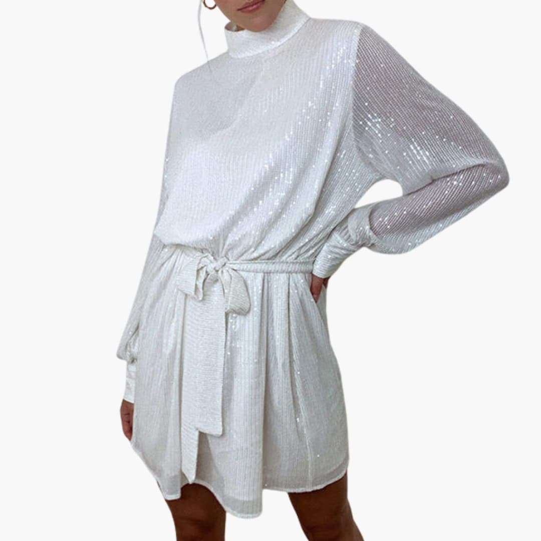 Women's silver sequin short dress with stand-up collar, long sleeves, and removable belt for glam parties